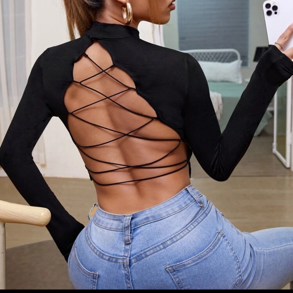 Black Lace-Up Back Women’s Top